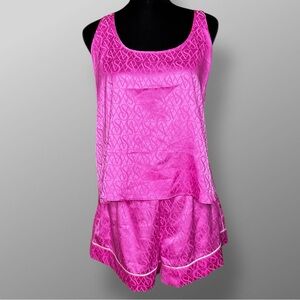Victoria’s Secret Satin Pajama Set L Pink Jacquard Logo Racerback Tank & Shorts